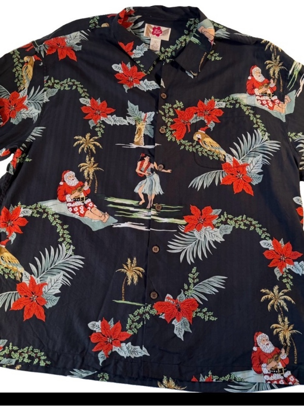 Hilo Hattie Hawaiian Men's Sz XL silk Christmas Tiki Bob Hula Santa Parrot Camp